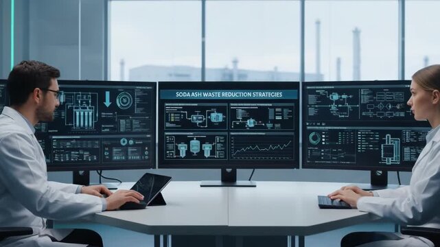 Medium shot of specialists monitoring soda ash waste reduction strategies on computer screens focusing on efficient resource utilization and environmental compliance.