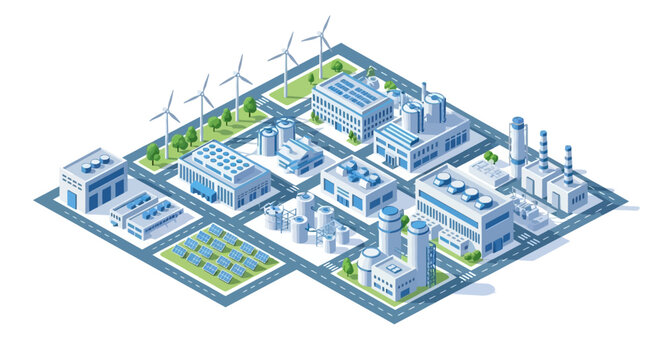 Isometric illustration of a modern industrial complex featuring renewable energy sources like wind turbines and solar panels alongside various factory buildings.