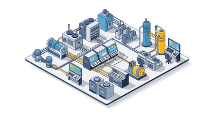 Obraz premium Isometric illustration of a complex industrial automation system with interconnected machinery and control panels.