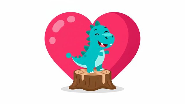 Charming cartoon illustration. Happy blue baby dinosaur standing on a log slice with a giant pink heart backdrop. Great for children's books, love themes, or holiday marketing campaigns.
