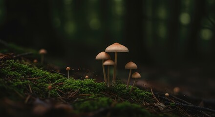 A small group of wild mushrooms thriving on damp, mossy ground in a dense, dark forest. Focus on the delicate structure and woodland setting ,wet ,gills ,moisture