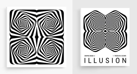 Black and white design. Optical illusion. Abstract striped form. Copy space. Hardcover book layout. Cover design template. Vector illustration for brochure, planner, diary, notebook or notepad.