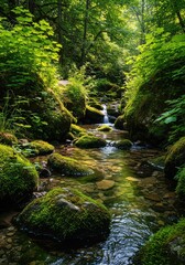 A vibrant, crystal-clear natural brook flows gently over mossy rocks and pebbles, surrounded by lush green temperate forest foliage ,flowing ,pebble ,natural