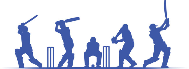 Blue silhouettes of cricket players batting and fielding © MST ANJUARA