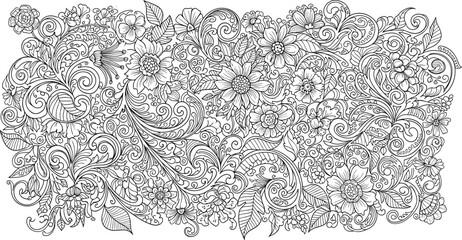 described features a black and white illustration characterized by a repeating floral pattern. This design showcases a variety of stylized flowers and leaves, creating a visually engaging and intricat © MSTADURI