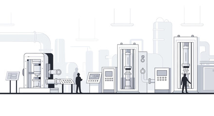 Naklejka premium Illustration of a modern industrial factory floor with various large machines, control panels, and two workers overseeing operations in a manufacturing plant.