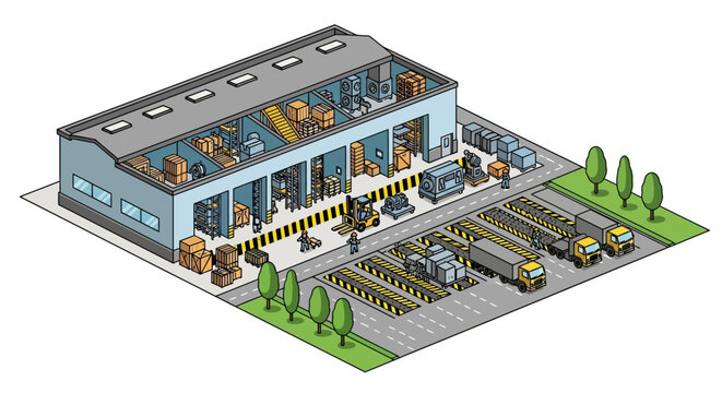 Isometric illustration of a busy industrial warehouse with loading docks and trucks.