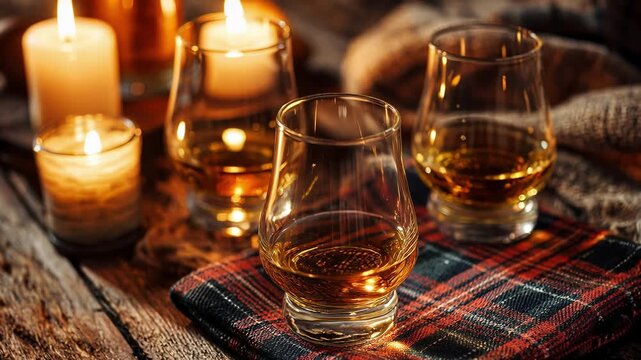 Four Glencairn whiskey glasses with amber liquid on wooden board beside flickering candles, pine cones, and tartan plaid. Cozy rustic tasting setup evokes Scottish heritage