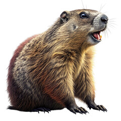 Fototapeta premium Detailed red-brown groundhog looks up in cheerful upright pose.