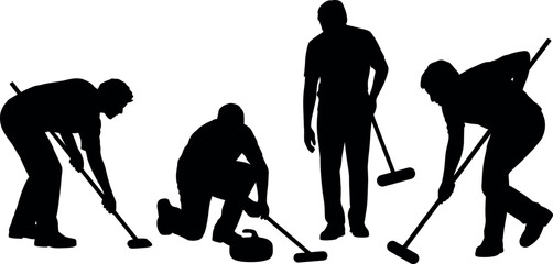 Diverse silhouettes of athletes playing the winter sport of curling on an isolated transparent background