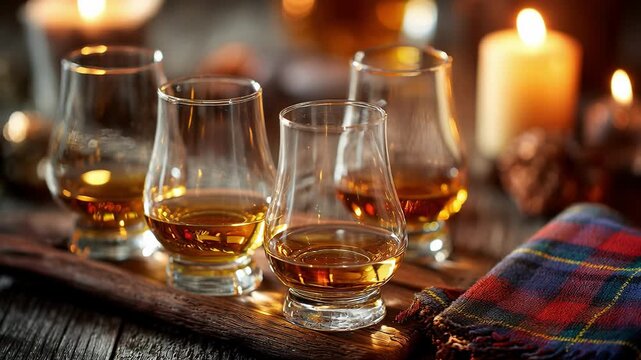 Four Glencairn whiskey glasses with amber liquid on wooden board beside flickering candles, pine cones, and tartan plaid. Cozy rustic tasting setup evokes Scottish heritage