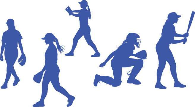 Blue silhouettes of women playing softball baseball