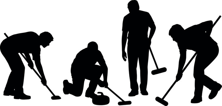 Diverse silhouettes of athletes playing the winter sport of curling on an isolated transparent background