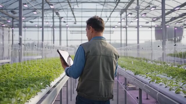 Medium shot shows a farmer customizing feeding routines via a tablet interface tailoring nutrient supply to different crop needs in a greenhouse setting.