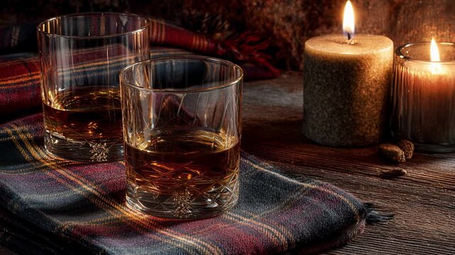 Four Glencairn whiskey glasses with amber liquid on wooden board beside flickering candles, pine cones, and tartan plaid. Cozy rustic tasting setup evokes Scottish heritage