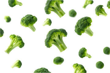Broccoli florets scattered isolated on transparent background