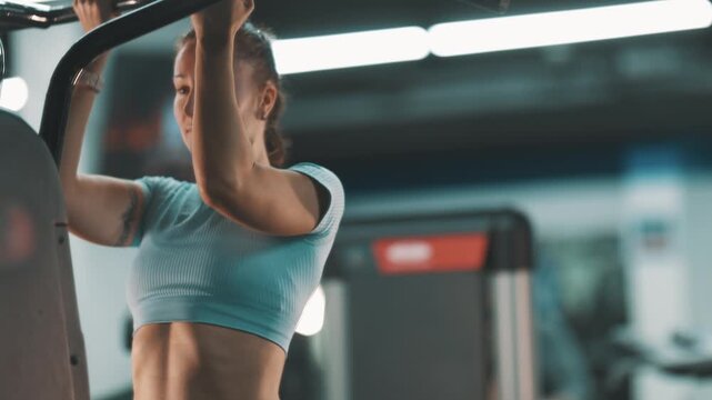 Strong woman training abs on pull up machine