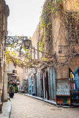 Fotobehang Smal steegje A narrow alley in the Khan El Khalili market in Cairo, Egypt. Stone buildings with vines, colourful doors, and a cobblestone path create a historic atmosphere.  © VasylisaDvoichenkova