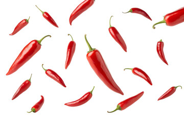 Red chili peppers scattered isolated on transparent background