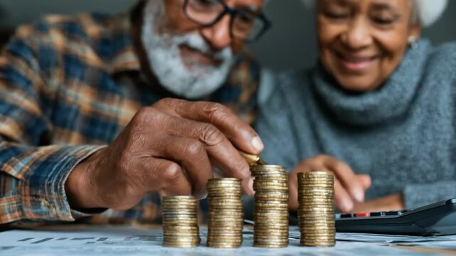 Close up of elderly African American couple planning retirement budget with calculator and pen. Senior husband and wife counting gold coin stacks on table, symbolizing savings and pension fund growth
