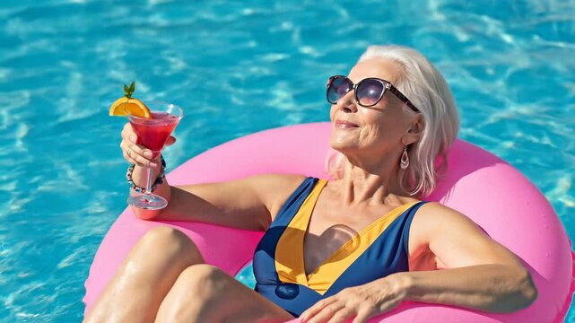 Senior woman relaxing in sunny blue swimming pool with cocktail, floating on ring for vacation blogs, healthy aging content, retirement travel guides, and resort promotions