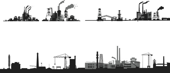 Naklejka premium Industrial silhouette, factory vector, refinery illustration, smokestack graphic, energy production, manufacturing scene, urban industry, pollution concept, economic development, infrastructure