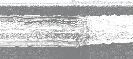 Cross section of earth layers showing soil grass and gravel textures in grayscale