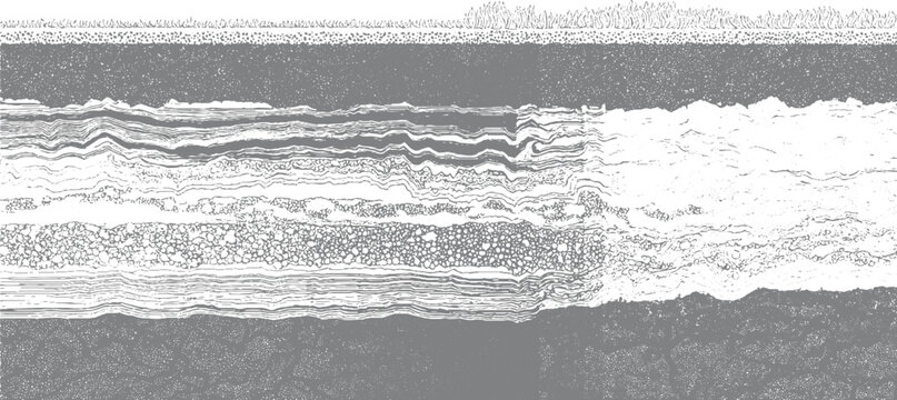 Cross section of earth layers showing soil grass and gravel textures in grayscale