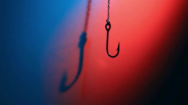 Cybersecurity phishing concept with metal fishing hook casting a shadow shaped like an email envelope. Creative minimal visual metaphor for internet fraud, spam scams, and digital identity theft risk
