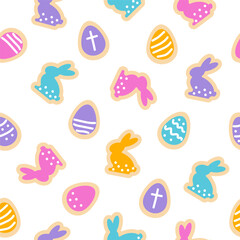 Easter cookies in shape of eggs and bunnies. Vector seamless pattern. Spring celebration design. Traditional sugar shortbread treat in pastel colors.