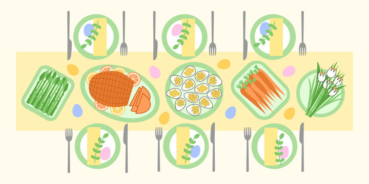 Flat lay Easter table with traditional food, eggs, pastries and empty plates. Resurrection celebration, seasonal food, family gathering and holiday brunch concept. Vector flat illustration.