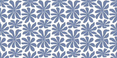 Fototapeta premium Delft blue silhouette of psychedelic daisy flowers. Botanical seamless pattern with abstract petal shape. Stylish floral graphic background for textile print of chamomile for fabric, towel, tablecloth