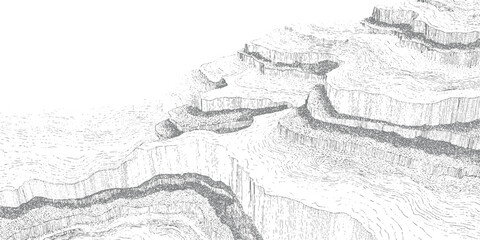 Fototapeta premium Detailed monochrome line of layered geological formations and winding river canyons geology landscape