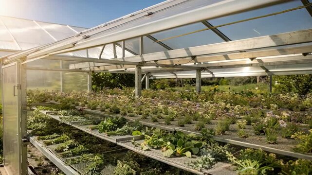 Medium shot of solarassisted drying tunnel with sunlight reflecting off panels showcasing ecofriendly energy use to gently preserve aroma compounds in harvested plants.