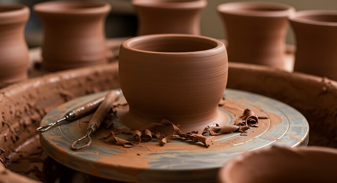 Close-up of clay pot on pottery wheel with shaping tools and trimmings, ideal for illustrating craftsmanship, artisan skills, and handmade ceramics production
