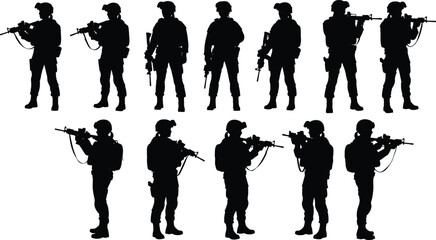 Armed soldier silhouettes collection with tactical poses, military and special forces action icons set for defense, security, combat training and warfare concepts isolated on white background vector © Masuduzzaman