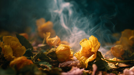 Wilted yellow flower among dry leaves with rising smoke, dramatic moody nature scene symbolizing loss, climate change, decay and environmental crisis concept background