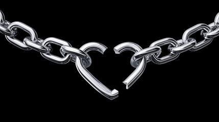 Fototapeta premium Broken metal chain forming heart shape snapping apart on dark background, symbolic concept of heartbreak, separation, emotional pain, toxic relationship, freedom and letting go theme