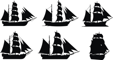 Sailing ship silhouette collection, tall ships, multiple masts and sails, black vector art, maritime history, naval architecture illustration © MdJahid