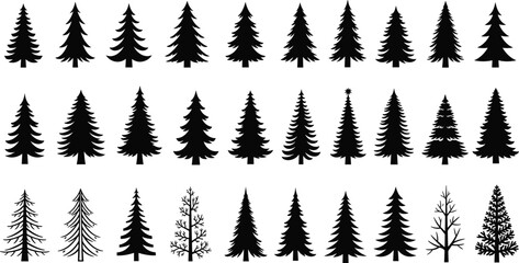 Obraz premium Pine tree silhouettes collection, evergreen forest icons set for nature design, winter landscape and outdoor ecology concept illustration isolated on white background vector