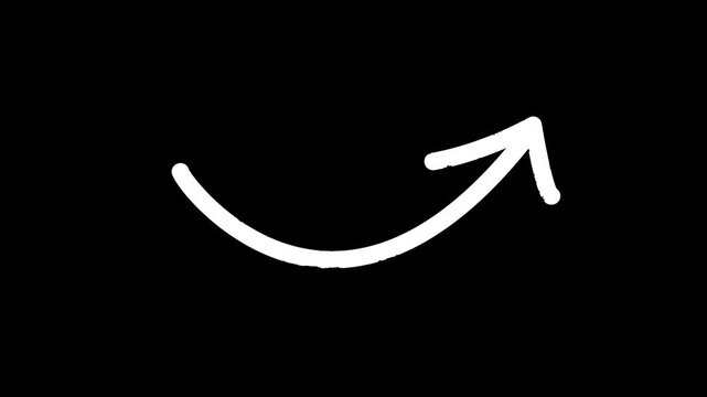 Hand drawn white curved arrow animation on black background, minimalist sketched directional pointer for YouTube vlogs, social media, and modern video presentations.
