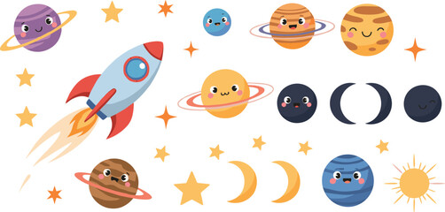 Cute cartoon space elements set with smiling planets rocket stars moon sun and galaxy objects vector illustration © Sarmen Creative
