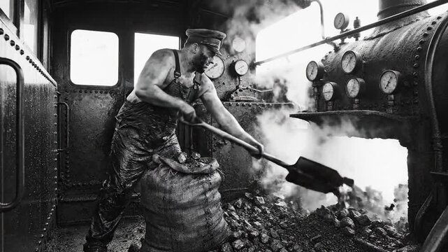 A muscular worker shoveling coal into a steam engine's firebox, surrounded by gauges and steam, depicting the industrial era's labor intensity and machinery in action