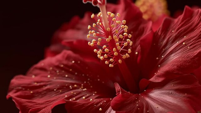 Close-up of a red hibiscus flower with detailed stamen and soft light, showing tropical beauty and vibrant natural elegance