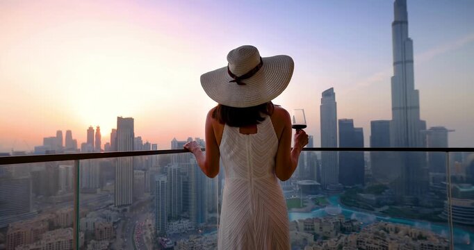 A elegant woman in a white evening dress enjoys the beautiful sunset view behind the modern skyline of Downtown Dubai, UAE