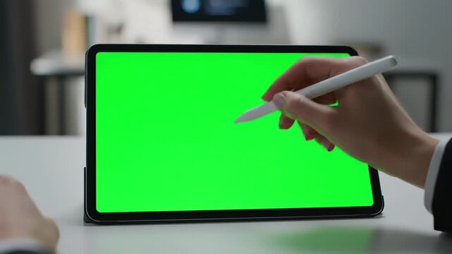 A person's hand holding a stylus pointing to a green screen on a tablet with a blurred background in an office setting.