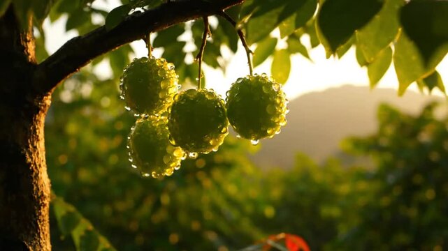Morning sunlight shines on clusters of star fruit growing on the tree branch in the green garden during the summer season