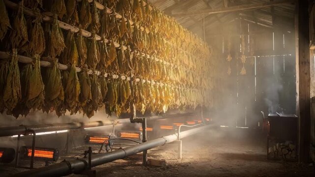 Medium shot of a fluecured tobacco barn showcasing rows of golden leaves hanging above gas heating pipes emitting soft steam. Medium shot inside a fluecured tobacco barn with