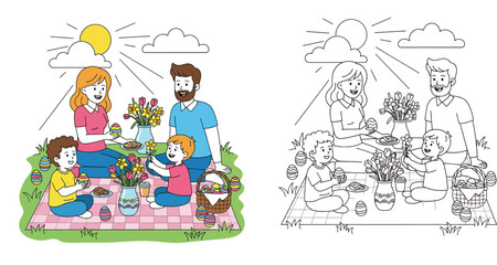 Obraz premium Happy family having Easter picnic with colorful eggs and flowers including black and white coloring page outline vector illustration for kids