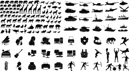 Naklejka premium Black silhouette icon collection featuring animals, vehicles, sports, music, technology, office equipment, people, activities, isolated on white background vector set
